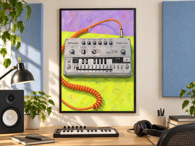 May include: A framed wall art print featuring a silver Roland TB-303 Bass Line synthesizer with a bright orange coiled cable. The device is set against a vibrant background of purple and lime green, showcasing its knobs, switches, and keys.