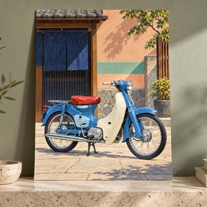 May include: A blue and cream vintage-style scooter with a bright red seat, chrome handlebars, and wire-spoke wheels. The scooter is parked on a stone-paved surface in front of a building with a wooden door, blue fabric curtains, and a peach-colored wall.