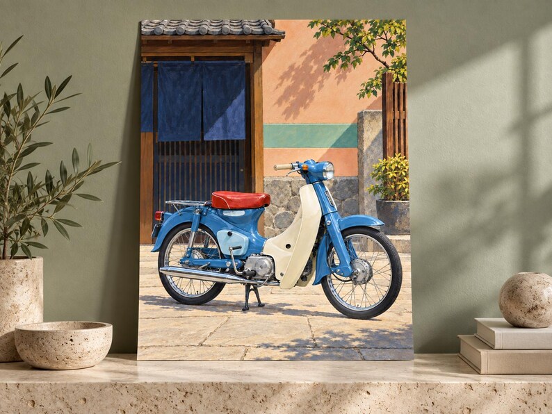 May include: A blue and cream vintage-style scooter with a bright red seat, chrome handlebars, and wire-spoke wheels. The scooter is parked on a stone-paved surface in front of a building with a wooden door, blue fabric curtains, and a peach-colored wall.