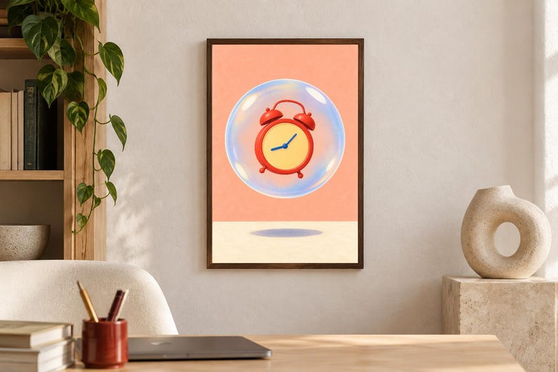 May include: A framed wall art print featuring a red analog alarm clock with a yellow face encased inside a transparent blue-tinted bubble. The background is a solid peach color with a cream-colored horizontal surface at the bottom.