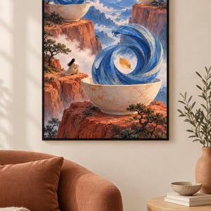 Pode incluir: Uma impress&atilde;o de arte emoldurada retratando uma paisagem surreal com tr&ecirc;s grandes tigelas brancas em penhascos rochosos vermelhos. Cada tigela cont&eacute;m um v&oacute;rtice de &aacute;gua azul e uma folha dourada. Uma figura senta-se na borda do penhasco.