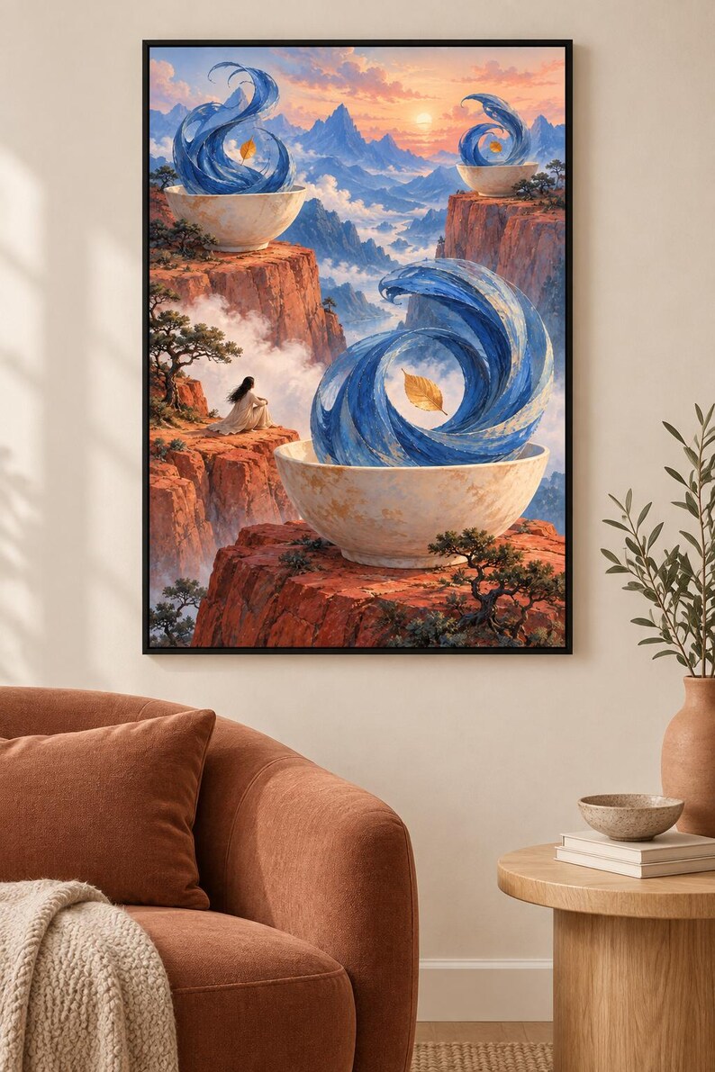 Pode incluir: Uma impress&atilde;o de arte emoldurada retratando uma paisagem surreal com tr&ecirc;s grandes tigelas brancas em penhascos rochosos vermelhos. Cada tigela cont&eacute;m um v&oacute;rtice de &aacute;gua azul e uma folha dourada. Uma figura senta-se na borda do penhasco.