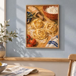 May include: A rectangular wall art print featuring a painting of three nests of fresh fettuccine pasta on a wooden surface, accompanied by a rolling pin, a bowl of flour, a small bowl of herbs, three red tomatoes, and a blue and white striped cloth.