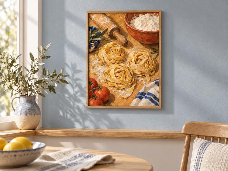 May include: A rectangular wall art print featuring a painting of three nests of fresh fettuccine pasta on a wooden surface, accompanied by a rolling pin, a bowl of flour, a small bowl of herbs, three red tomatoes, and a blue and white striped cloth.