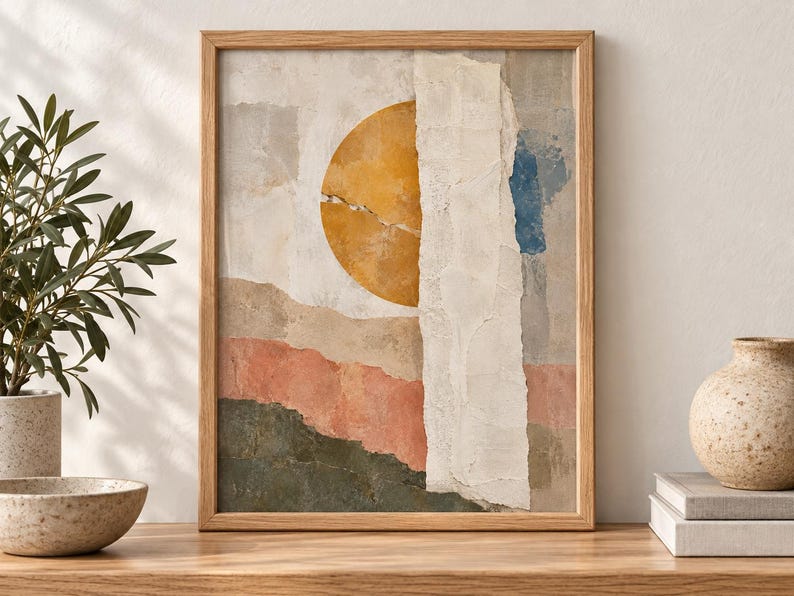 Puede incluir: Una pieza de arte mural enmarcada de forma rectangular que presenta una composici&oacute;n abstracta estilo collage. La obra muestra un gran c&iacute;rculo amarillo dorado, una franja vertical blanca texturizada y bandas horizontales superpuestas en tonos verde, rosa y gris.