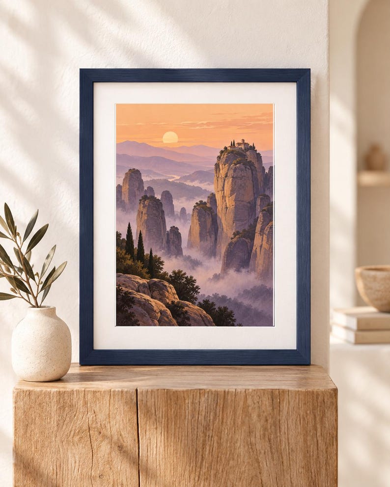 Pu&ograve; includere: Una stampa d'arte incorniciata che raffigura un paesaggio di alti pilastri rocciosi che si ergono sopra una valle nebbiosa al tramonto. La scena include un piccolo edificio in cima alla vetta pi&ugrave; alta, circondato da alberi, sotto un cielo arancione.