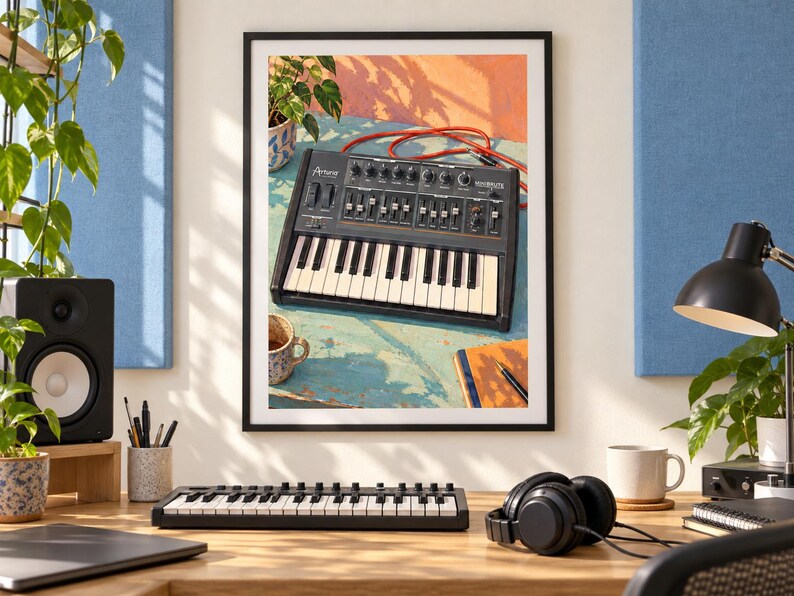 Op de afbeelding: Een ingelijste wandprint met een zwarte Arturia MiniBrute analoge synthesizer op een verweerd blauw oppervlak, vergezeld van een rode patchkabel, een keramische mok en een notitieboek met pen, alles verlicht door warm, natuurlijk zonlicht.
