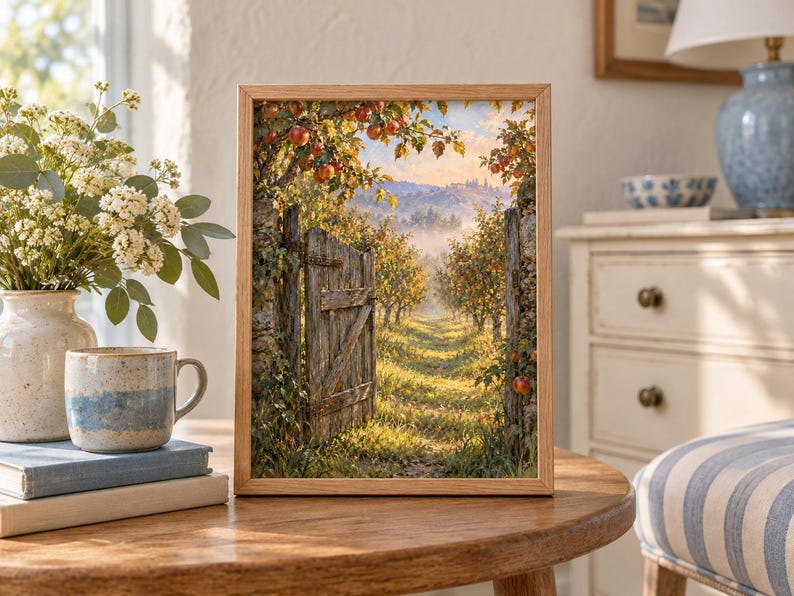 Peut inclure: Une peinture de paysage encadr&eacute;e repr&eacute;sentant un portail en bois ouvert menant &agrave; un verger ensoleill&eacute; rempli de pommiers. La sc&egrave;ne pr&eacute;sente un mur en pierre, de l'herbe verte luxuriante et un arri&egrave;re-plan montagneux brumeux sous un ciel doux.