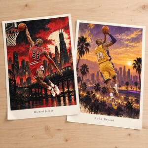 May include: Two rectangular art prints featuring basketball players. The left print shows Michael Jordan in a red Bulls jersey dunking against a Chicago skyline at night. The right print shows Kobe Bryant in a yellow jersey shooting against a Los Angeles sunset.