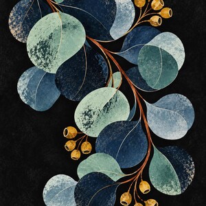 May include: A botanical illustration featuring a curved branch with rounded leaves in shades of navy blue, teal, and light green against a solid black background. Small, golden-brown seed pods are clustered along the thin, reddish-brown stem.