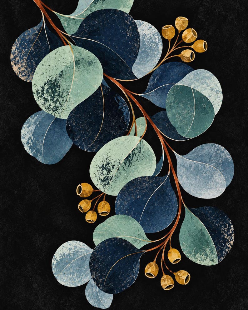 May include: A botanical illustration featuring a curved branch with rounded leaves in shades of navy blue, teal, and light green against a solid black background. Small, golden-brown seed pods are clustered along the thin, reddish-brown stem.