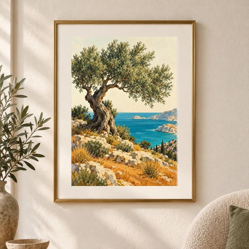 May include: A framed wall art print featuring a landscape painting of a gnarled olive tree on a rocky, sun-drenched hillside overlooking a deep blue sea with distant cliffs under a pale sky, enclosed in a thin metallic gold frame.