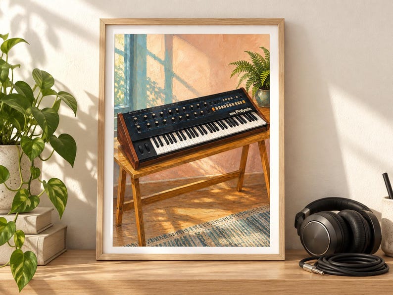 May include: A framed art print featuring a black Korg Poly-61 synthesiser with wooden side panels, resting on a wooden bench in a sunlit room. The keyboard has numerous knobs, switches, and white and black keys, displayed in a light wood frame.