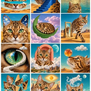 May include: A collage of twelve surrealist digital illustrations featuring a brown spotted tabby cat in various desert and celestial landscapes, including a cat in a teacup, a cat on a crescent moon, and a cat walking past a mirror in the sand.