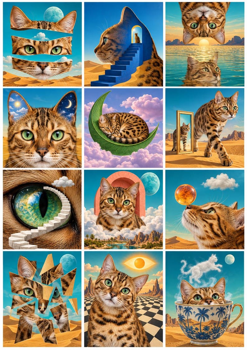 May include: A collage of twelve surrealist digital illustrations featuring a brown spotted tabby cat in various desert and celestial landscapes, including a cat in a teacup, a cat on a crescent moon, and a cat walking past a mirror in the sand.