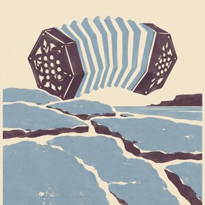 May include: A concertina musical instrument with dark purple hexagonal ends and light blue bellows, positioned above a landscape of blue rocky terrain and a distant coastline, with the word CLARE printed in dark purple at the bottom center.
