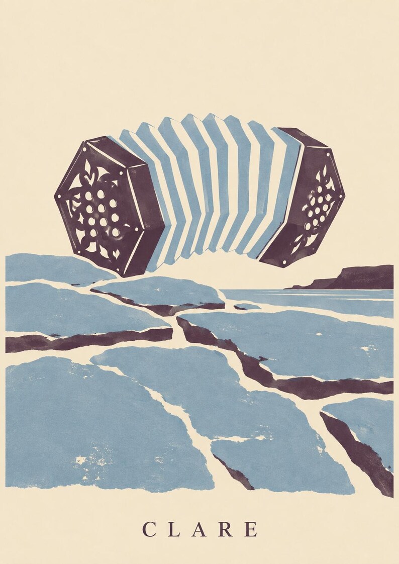 May include: A concertina musical instrument with dark purple hexagonal ends and light blue bellows, positioned above a landscape of blue rocky terrain and a distant coastline, with the word CLARE printed in dark purple at the bottom center.