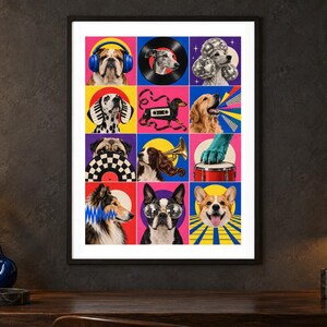 May include: A framed wall art print featuring a grid of twelve colorful squares, each displaying a different dog breed interacting with musical elements like headphones, vinyl records, disco balls, a cassette tape, a trumpet, and a drum.
