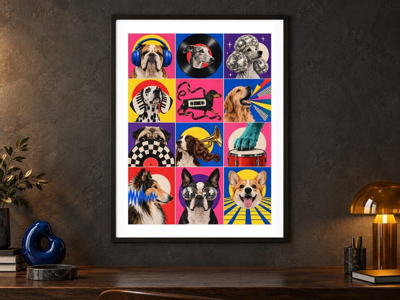 May include: A framed wall art print featuring a grid of twelve colorful squares, each displaying a different dog breed interacting with musical elements like headphones, vinyl records, disco balls, a cassette tape, a trumpet, and a drum.