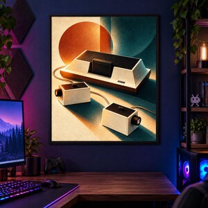 May include: A framed wall art print featuring a vintage video game console with two rectangular controllers connected by cords. The console is beige and black with a central cartridge slot. The background displays abstract orange and teal circles.