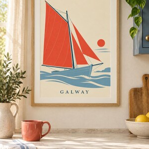 Utskrivbar konst i Galway County, kustdesign med röd segelbåt, digital nedladdning för irländskt bruk bild 5