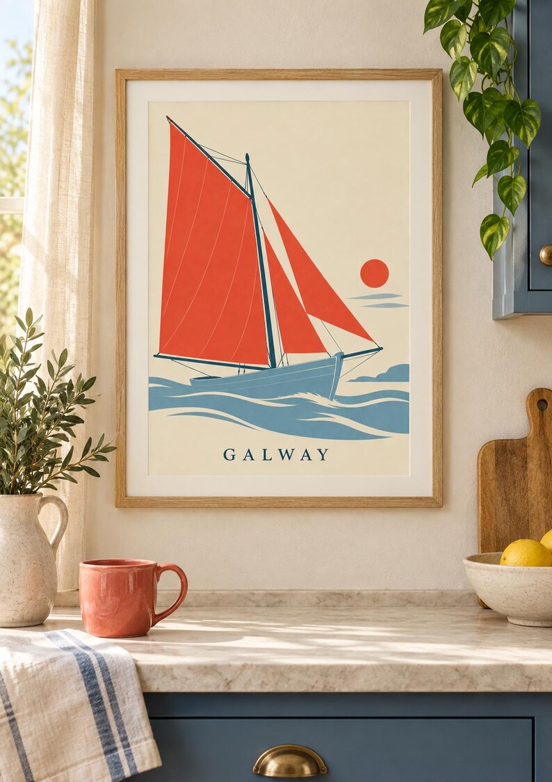 Utskrivbar konst i Galway County, kustdesign med röd segelbåt, digital nedladdning för irländskt bruk bild 5