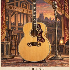 May include: A Gibson SJ-200 acoustic guitar with a natural wood finish, a dark tortoiseshell pickguard featuring floral inlays, and a moustache-style bridge. The headstock displays the Gibson logo, and the text GIBSON SJ-200 1937 appears below.