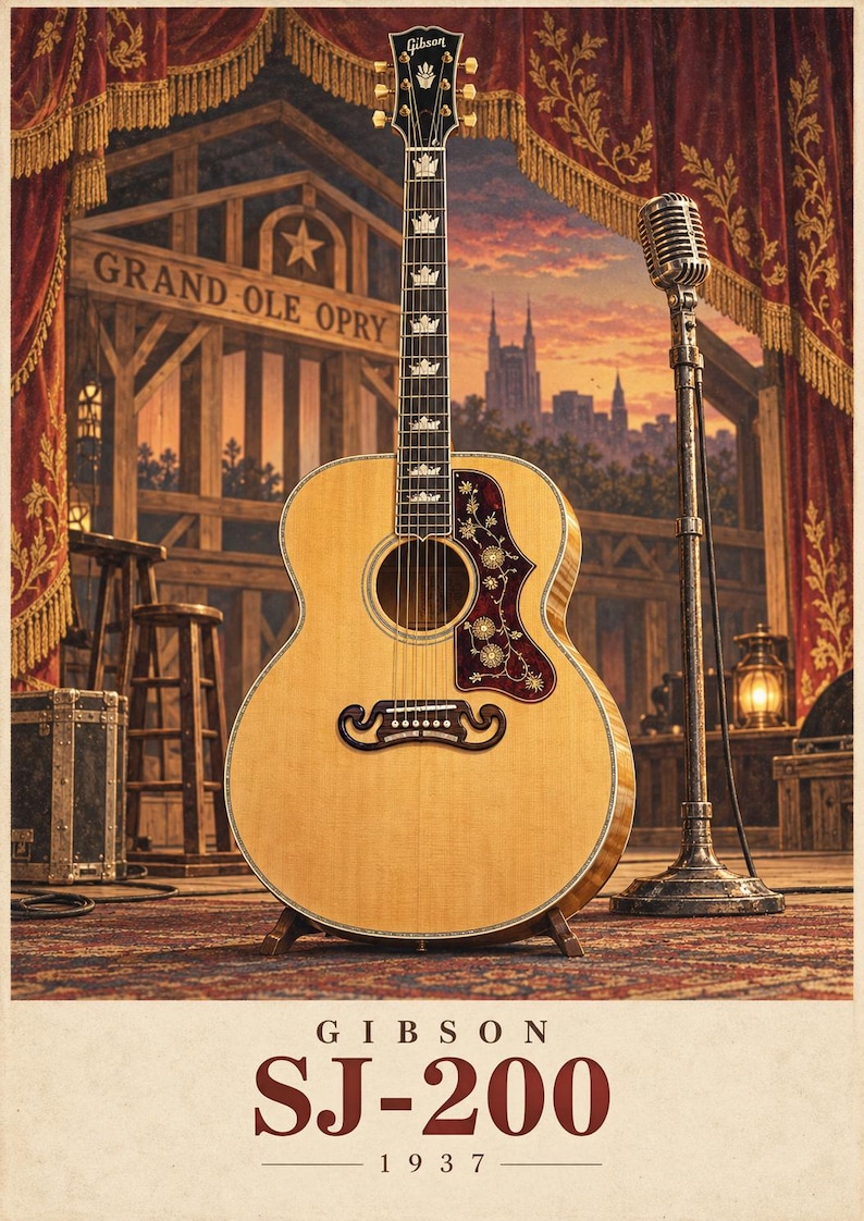 May include: A Gibson SJ-200 acoustic guitar with a natural wood finish, a dark tortoiseshell pickguard featuring floral inlays, and a moustache-style bridge. The headstock displays the Gibson logo, and the text GIBSON SJ-200 1937 appears below.