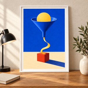 Op de afbeelding: Een ingelijste kunstdruk met een blauwe trechter die een gele bol bevat. Een geel lint stroomt vanuit de trechter in een rode kubus. De achtergrond is verdeeld in een effen blauw bovengedeelte en een lichtbeige ondergedeelte met een schaduw.