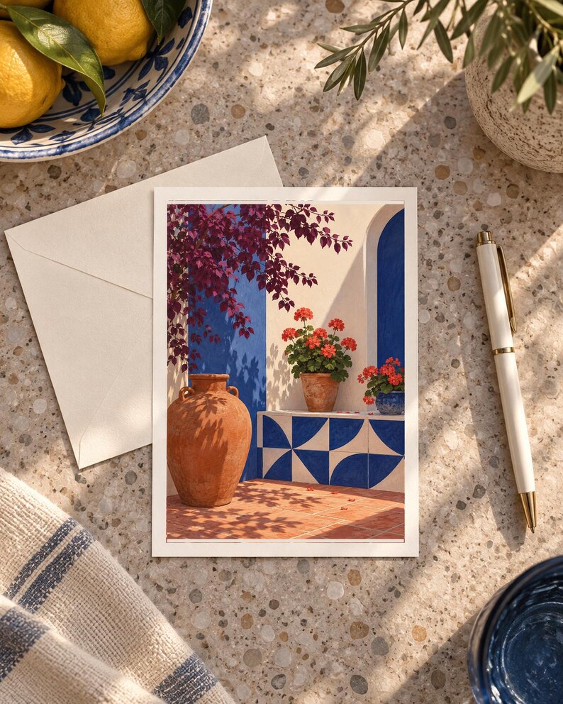 Pu&ograve; includere: Una cartolina rettangolare con l'illustrazione di un cortile mediterraneo che mostra una grande anfora in terracotta, gerani rossi in vaso, piastrelle geometriche blu e bianche e bouganville viola su una parete bianca.