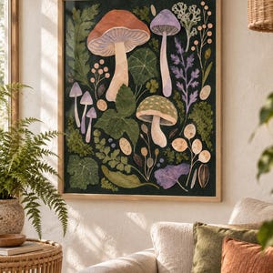May include: A rectangular framed wall art print featuring a dark green background with various botanical illustrations including large orange and green mushrooms, smaller purple mushrooms, green leaves, ferns, and small round seed pods.