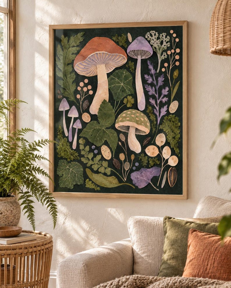 May include: A rectangular framed wall art print featuring a dark green background with various botanical illustrations including large orange and green mushrooms, smaller purple mushrooms, green leaves, ferns, and small round seed pods.