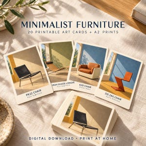 Pode incluir: Um conjunto de cart&otilde;es art&iacute;sticos imprim&iacute;veis com imagens de designs de mobili&aacute;rio, incluindo a cadeira PK22, a chaise longue PK24, a cadeira 620 e a cadeira Zig Zag. Os cart&otilde;es exibem o texto MINIMALIST FURNITURE, 20 PRINTABLE ART CARDS + A2 PRINTS e DIGITAL DOWNLOAD &bull; PRINT AT HOME.