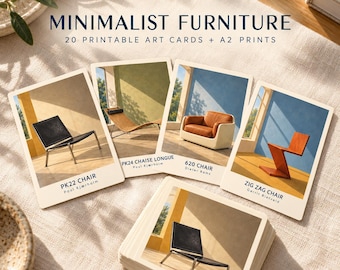 Minimalist Furniture Art Cards, 20 Printable Designs with Designer Names, A2 Wall Art Bundle, Digital Download
