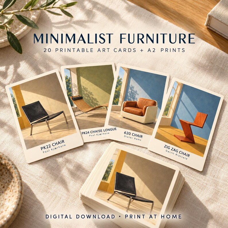 Pode incluir: Um conjunto de cart&otilde;es art&iacute;sticos imprim&iacute;veis com imagens de designs de mobili&aacute;rio, incluindo a cadeira PK22, a chaise longue PK24, a cadeira 620 e a cadeira Zig Zag. Os cart&otilde;es exibem o texto MINIMALIST FURNITURE, 20 PRINTABLE ART CARDS + A2 PRINTS e DIGITAL DOWNLOAD &bull; PRINT AT HOME.