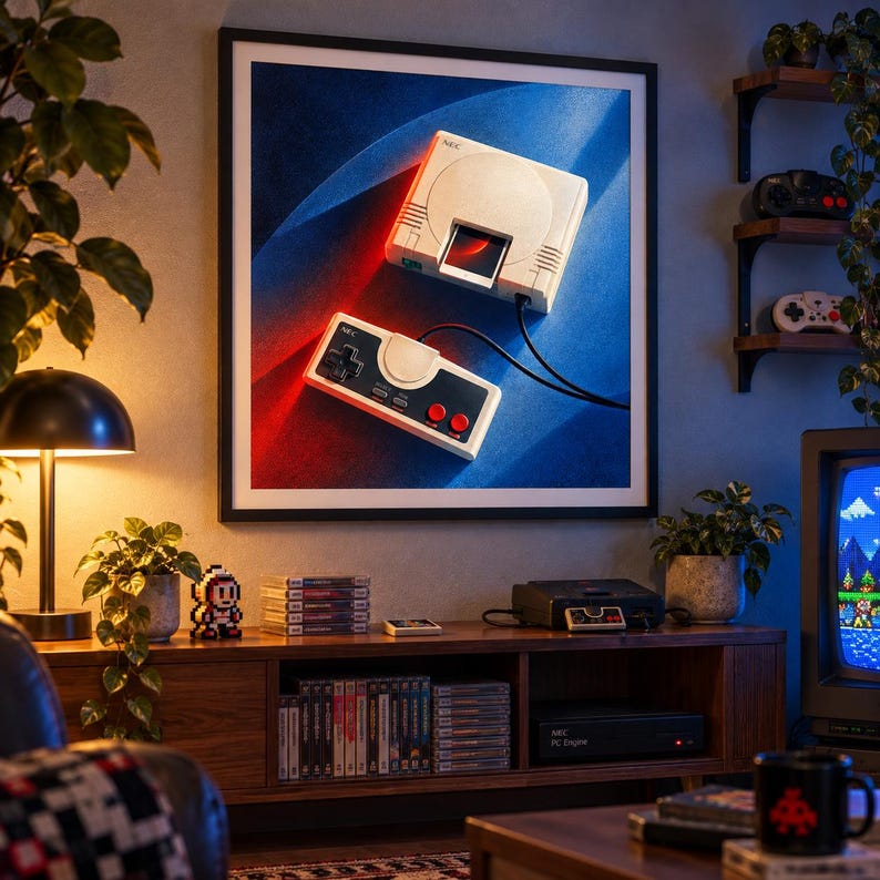 May include: A framed wall art print featuring a white NEC PC Engine game console and a matching controller with red buttons, set against a vibrant blue and red background. The console is connected to the controller by a black wired cable.