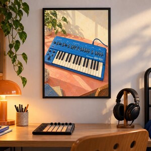 May include: A framed wall art print depicting a blue Roland SH-101 synthesizer with white and black keys, numerous knobs, and sliders. The synthesizer is positioned on a surface with a plant in the background, captured in warm, natural lighting.