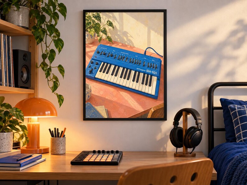 May include: A framed wall art print depicting a blue Roland SH-101 synthesizer with white and black keys, numerous knobs, and sliders. The synthesizer is positioned on a surface with a plant in the background, captured in warm, natural lighting.