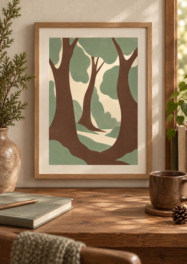 May include: A framed wall art print featuring a stylized forest scene with dark brown tree trunks and soft sage green foliage against a cream-colored background. The artwork is enclosed in a light-toned wooden frame with a white mat border.
