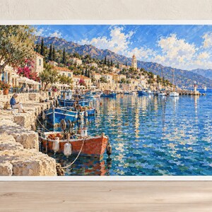 May include: A landscape painting depicting a Mediterranean harbor with blue and orange fishing boats moored along a stone quay. A person sits on the wall near white buildings and trees, with a mountain range and a bright blue sky in the background.