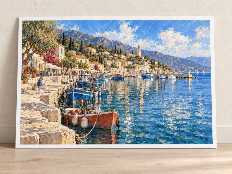 May include: A landscape painting depicting a Mediterranean harbor with blue and orange fishing boats moored along a stone quay. A person sits on the wall near white buildings and trees, with a mountain range and a bright blue sky in the background.