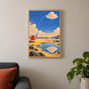 K&ouml;nnte beinhalten: Ein gerahmter Wandkunstdruck, der eine surreale Strandszene bei Sonnenuntergang zeigt. Eine rote Gie&szlig;kanne steht auf dem Sand und spr&uuml;ht einen Wasserstrahl in eine einzelne flauschige Wolke, die dann auf den Strand und eine Pf&uuml;tze regnet.