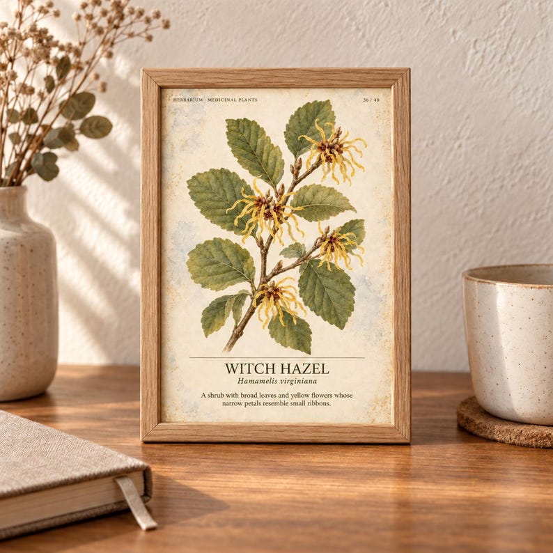 K&ouml;nnte beinhalten: Ein rechteckiger Holzrahmen mit einem botanischen Druck einer Zaubernuss-Pflanze. Der Druck zeigt gr&uuml;ne Bl&auml;tter und gelbe Bl&uuml;ten mit bandartigen Bl&uuml;tenbl&auml;ttern, beschriftet mit dem Text Witch Hazel, Hamamelis virginiana und einer Beschreibung.