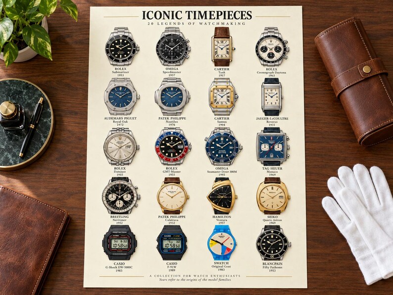 May include: A rectangular poster titled Iconic Timepieces 20 Legends of Watchmaking, featuring a grid of twenty illustrations of various wristwatches with their names and years printed below each, set against a cream-colored background.