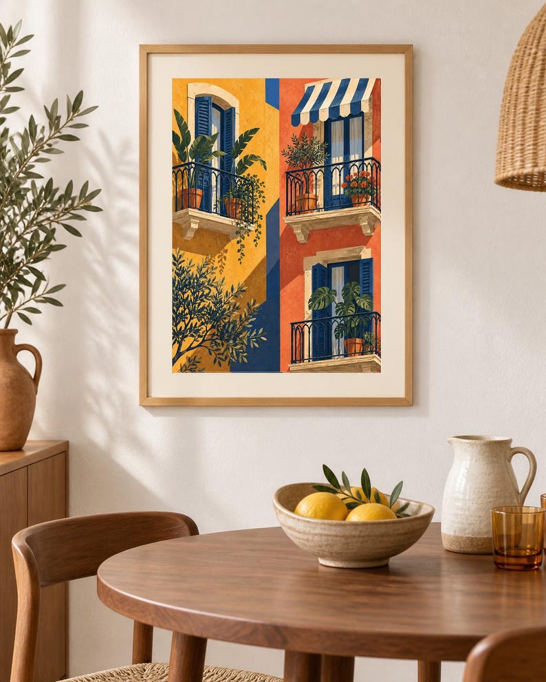 May include: A framed art print depicting a Mediterranean building facade with yellow and orange walls, blue shutters, and balconies filled with potted plants. The illustration features three levels of windows, a striped awning, and lush green foliage.