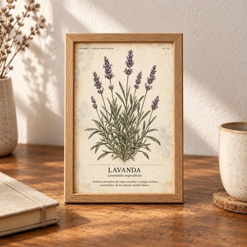 May include: A rectangular wooden frame containing a botanical print of a lavender plant with purple flowers and green stems. The print features the text LAVANDA, Lavandula angustifolia, and a descriptive paragraph in Spanish on a cream background.
