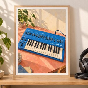 May include: A blue Roland SH-101 synthesizer with a keyboard featuring white and black keys, numerous sliders, and knobs. The device is positioned on a coral-colored surface, with a blue cable connected to the top right side of the unit.