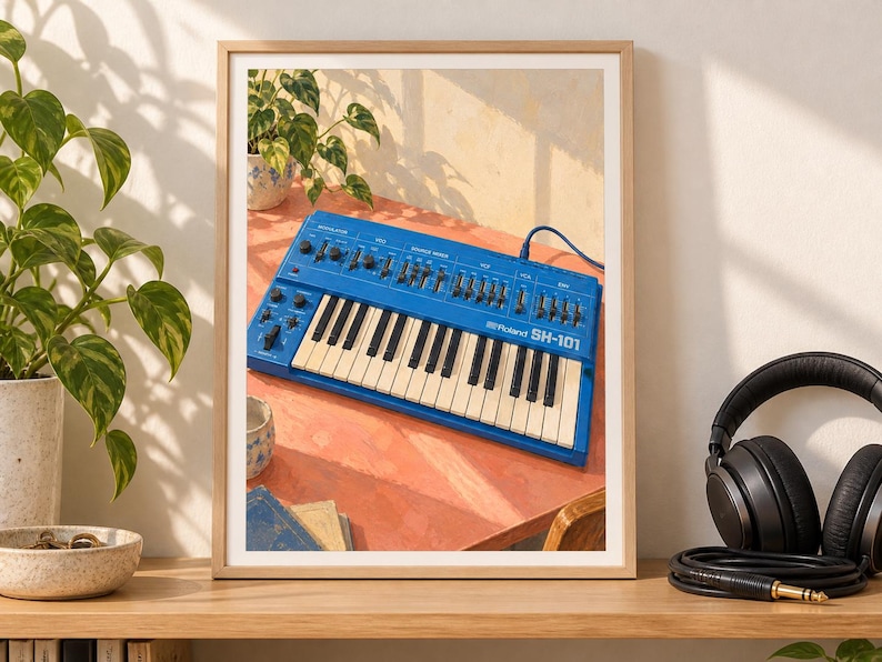 May include: A blue Roland SH-101 synthesizer with a keyboard featuring white and black keys, numerous sliders, and knobs. The device is positioned on a coral-colored surface, with a blue cable connected to the top right side of the unit.