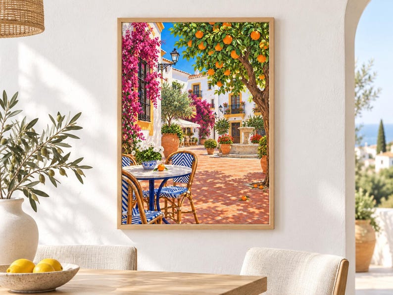 Puede incluir: Una impresi&oacute;n art&iacute;stica enmarcada que representa un patio mediterr&aacute;neo soleado con suelo de terracota, una mesa redonda con sillas azules y blancas, buganvillas rosas vibrantes y un naranjo cargado de frutos naranjas.