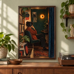 May include: A framed wall art print depicting a person wearing headphones and a rust-coloured shirt, seated in a dark green room with vinyl records, a circular wall lamp, and a blue curtain. The scene includes a patterned rug and shelves.